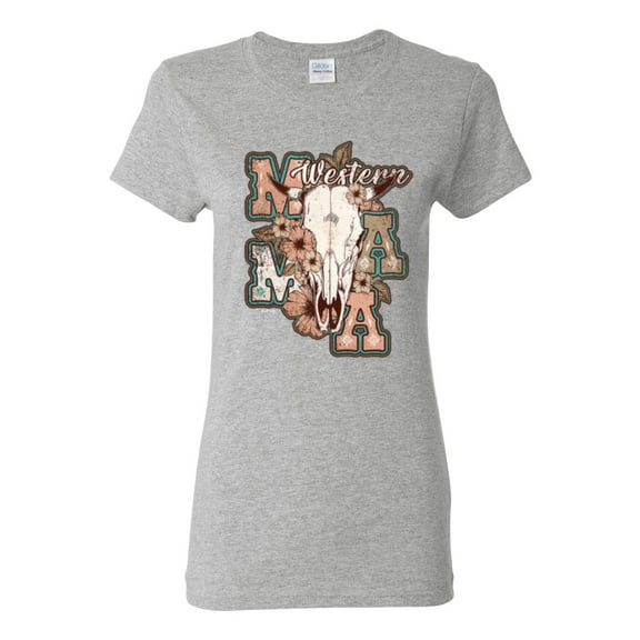 Wild Bobby Western Ma Steer Pink And Grey Distressed Pop Culture Women Graphic Tee, Heather Grey, Large
