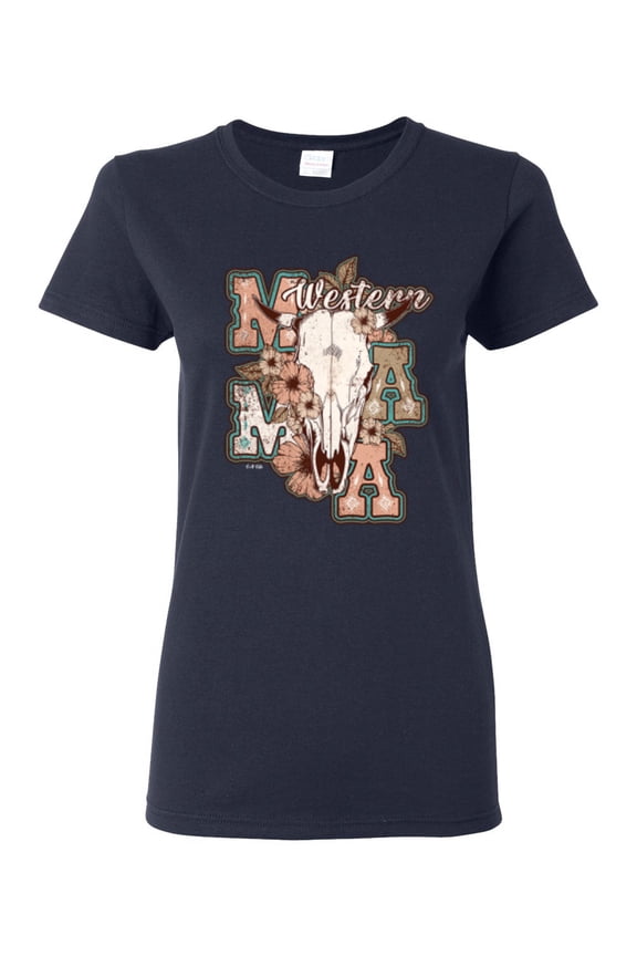 Western Ma Steer Pink And Grey Distressed Pop Culture Women Graphic Tee, Navy, Large