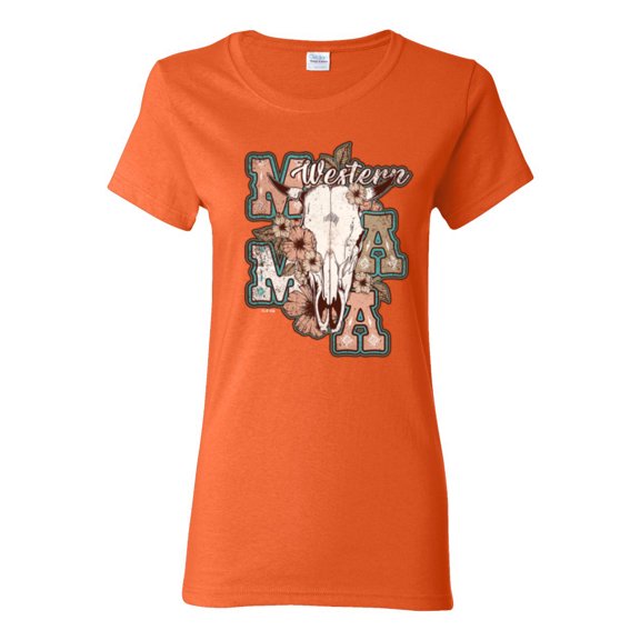 Wild Bobby Western Ma Steer Pink And Grey Distressed Pop Culture Women Graphic Tee, Orange, Small