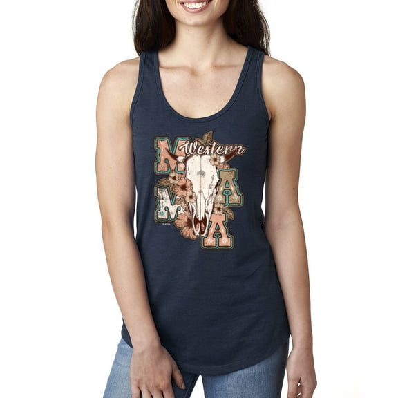 Wild Bobby Western Ma Steer Pink And Grey Distressed Pop Culture Women Racerback Tank Top, Navy, Large