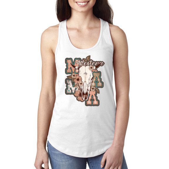Wild Bobby Western Ma Steer Pink And Grey Distressed Pop Culture Women Racerback Tank Top, White, Medium