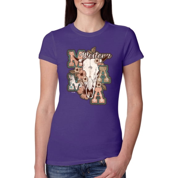 Wild Bobby Western Ma Steer Pink And Grey Distressed Pop Culture Women Slim Fit Junior Tee, Purple Rush, Small