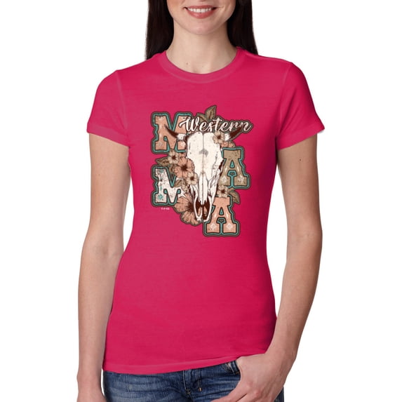 Wild Bobby Western Ma Steer Pink And Grey Distressed Pop Culture Women Slim Fit Junior Tee, Raspberry, Large