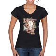 thumbnail image 1 of Wild Bobby Western Ma Steer Pink And Grey Distressed Pop Culture Women Standard V-Neck Tee, Black, Large, 1 of 6