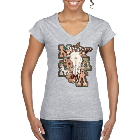 Wild Bobby Western Ma Steer Pink And Grey Distressed Pop Culture Women Standard V-Neck Tee, Heather Grey, XX-Large