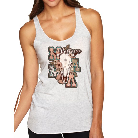 Wild Bobby Western Ma Steer Pink And Grey Distressed Pop Culture Women Tri-Blend Racerback Tank Top, Heather White, Large