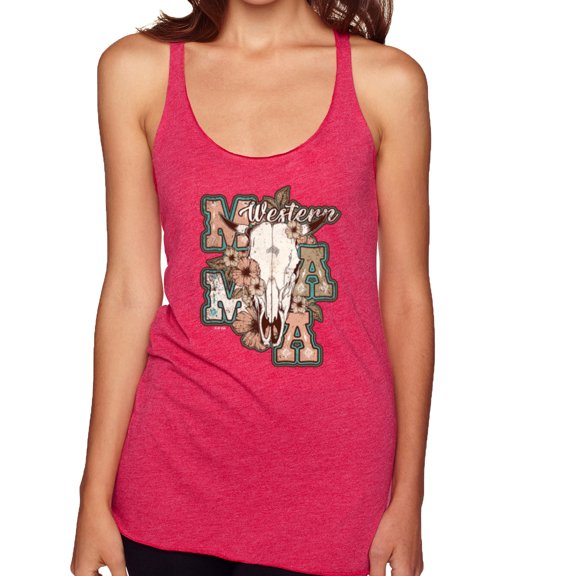 Wild Bobby Western Ma Steer Pink And Grey Distressed Pop Culture Women Tri-Blend Racerback Tank Top, Shocking Pink, X-Large