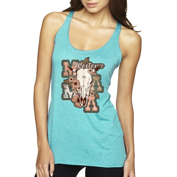Wild Bobby Western Ma Steer Pink And Grey Distressed Pop Culture Women Tri-Blend Racerback Tank Top, Tahiti Blue, Medium
