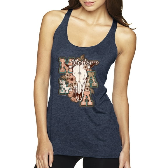 Wild Bobby Western Ma Steer Pink And Grey Distressed Pop Culture Women Tri-Blend Racerback Tank Top, Vintage Navy, Small