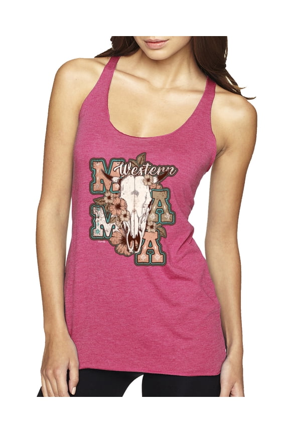 Western Ma Steer Pink And Grey Distressed Pop Culture Women Tri-Blend Racerback Tank Top, Vintage Pink, Medium