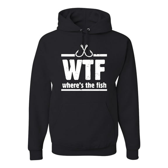 Wild Bobby, Where's the Fish WTF Parody | Mens Fishing Hooded Sweatshirt Graphic Hoodie, Black, Small