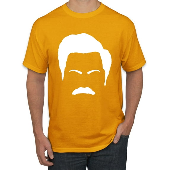 Wild Bobby, White Parks and Rec Fans Ron Swanson Mustache Face Silhouette, Pop Culture, Men Graphic Tee, Gold, Large