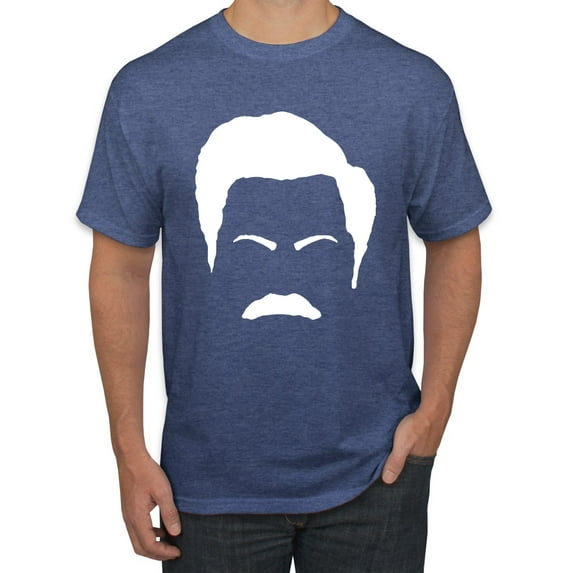 Wild Bobby, White Parks and Rec Fans Ron Swanson Mustache Face Silhouette, Pop Culture, Men Graphic Tee, Vintage Heather Blue, 3X-Large