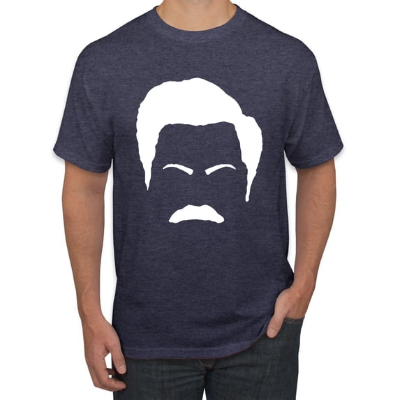 Wild Bobby, White Parks and Rec Fans Ron Swanson Mustache Face Silhouette, Pop Culture, Men Graphic Tee, Vintage Heather Navy, Large