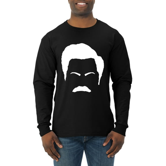 Wild Bobby, White Parks and Rec Fans Ron Swanson Mustache Face Silhouette, Pop Culture, Men Long Sleeve Shirt, Black, Large