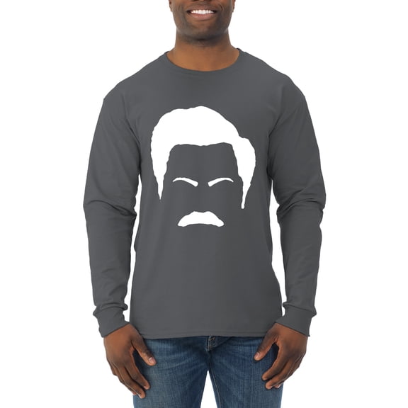Wild Bobby, White Parks and Rec Fans Ron Swanson Mustache Face Silhouette, Pop Culture, Men Long Sleeve Shirt, Charcoal, Medium