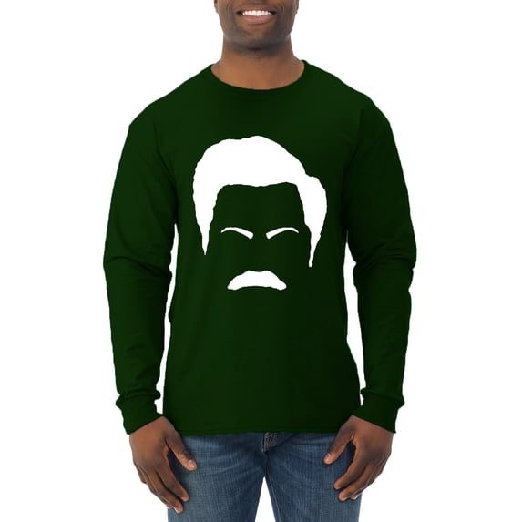 Wild Bobby, White Parks and Rec Fans Ron Swanson Mustache Face Silhouette, Pop Culture, Men Long Sleeve Shirt, Forest Green, XX-Large