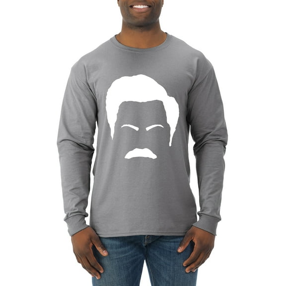 Wild Bobby, White Parks and Rec Fans Ron Swanson Mustache Face Silhouette, Pop Culture, Men Long Sleeve Shirt, Heather Grey, Medium
