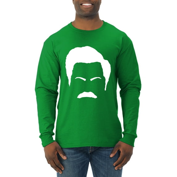 Wild Bobby, White Parks and Rec Fans Ron Swanson Mustache Face Silhouette, Pop Culture, Men Long Sleeve Shirt, Kelly, Small