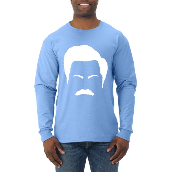 Wild Bobby, White Parks and Rec Fans Ron Swanson Mustache Face Silhouette, Pop Culture, Men Long Sleeve Shirt, Light Blue, Small