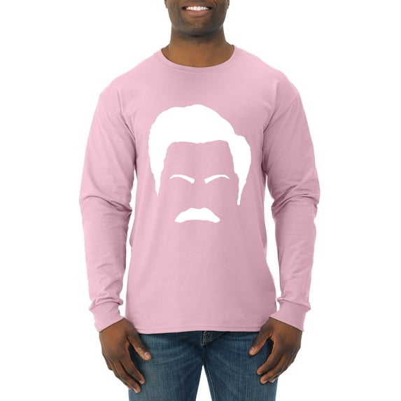 Wild Bobby, White Parks and Rec Fans Ron Swanson Mustache Face Silhouette, Pop Culture, Men Long Sleeve Shirt, Light Pink, XX-Large