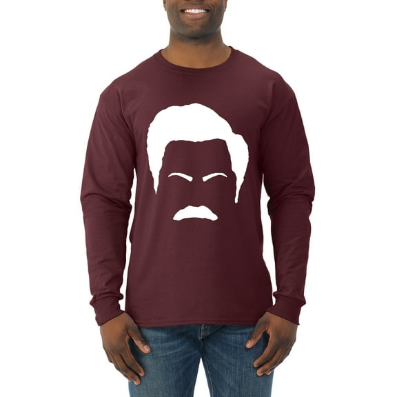 Wild Bobby, White Parks and Rec Fans Ron Swanson Mustache Face Silhouette, Pop Culture, Men Long Sleeve Shirt, Maroon, Medium