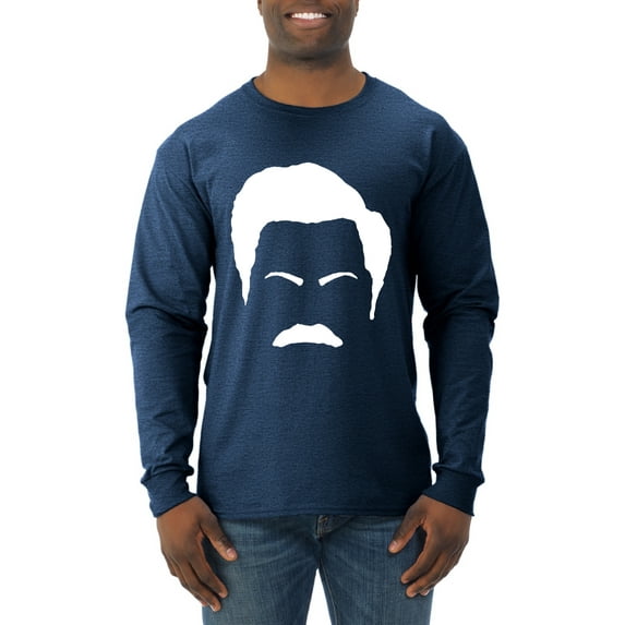 Wild Bobby, White Parks and Rec Fans Ron Swanson Mustache Face Silhouette, Pop Culture, Men Long Sleeve Shirt, Vintage Heather Navy, Medium