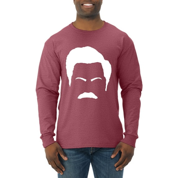 Wild Bobby, White Parks and Rec Fans Ron Swanson Mustache Face Silhouette, Pop Culture, Men Long Sleeve Shirt, Vintage Heather Red, Small