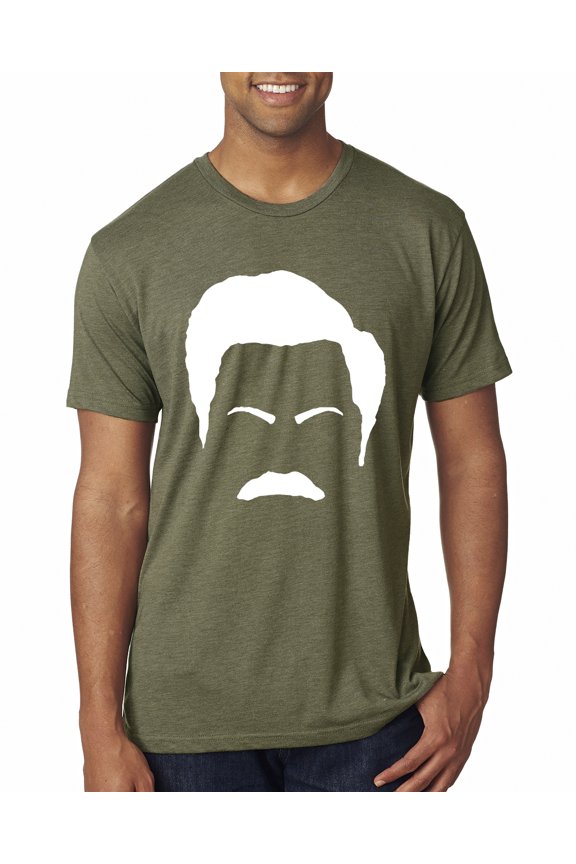 , White Parks and Rec Fans Ron Swanson Mustache Face Silhouette, Pop Culture, Men Premium Tri Blend Tee, Military Green, Small