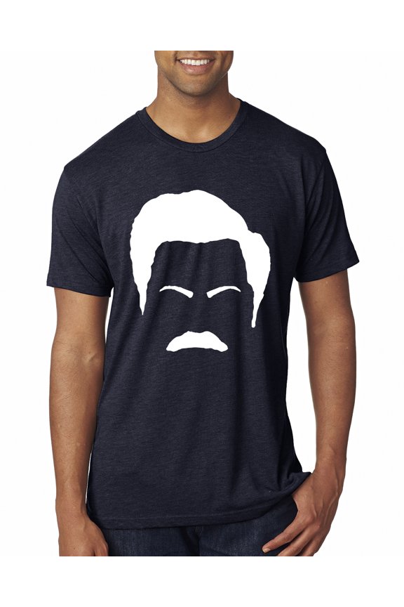 , White Parks and Rec Fans Ron Swanson Mustache Face Silhouette, Pop Culture, Men Premium Tri Blend Tee, Vintage Navy, Large