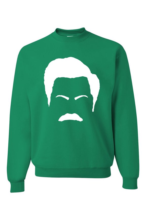 , White Parks and Rec Fans Ron Swanson Mustache Face Silhouette, Pop Culture, Unisex Crewneck Graphic Sweatshirt, Kelly, Small
