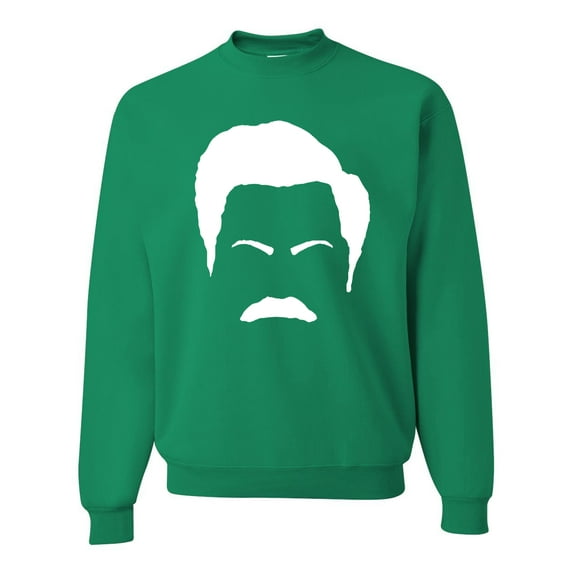 Wild Bobby, White Parks and Rec Fans Ron Swanson Mustache Face Silhouette, Pop Culture, Unisex Crewneck Graphic Sweatshirt, Kelly, X-Large