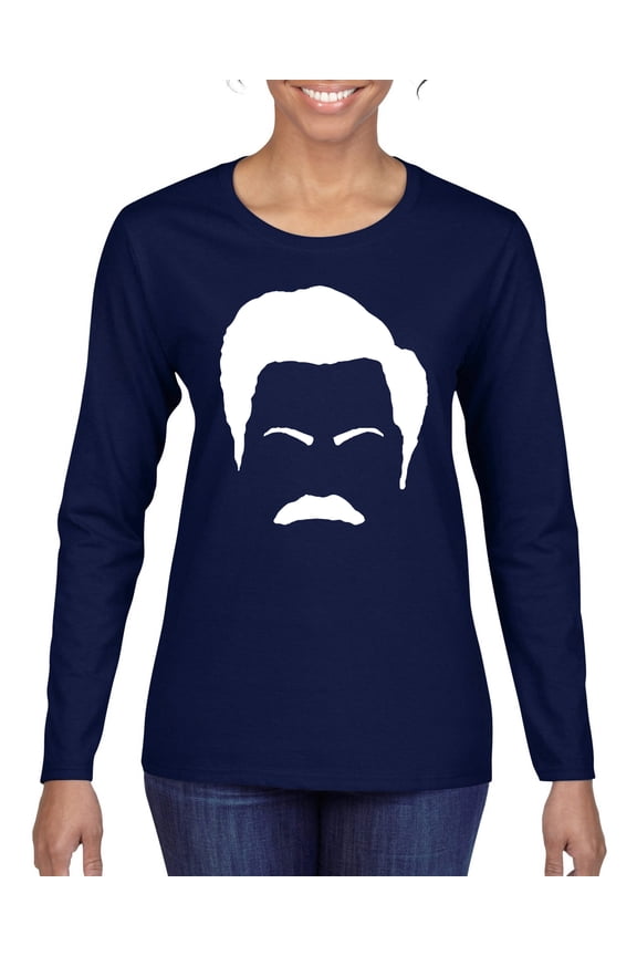 , White Parks and Rec Fans Ron Swanson Mustache Face Silhouette, Pop Culture, Women Graphic Long Sleeve Tee, Navy, Large