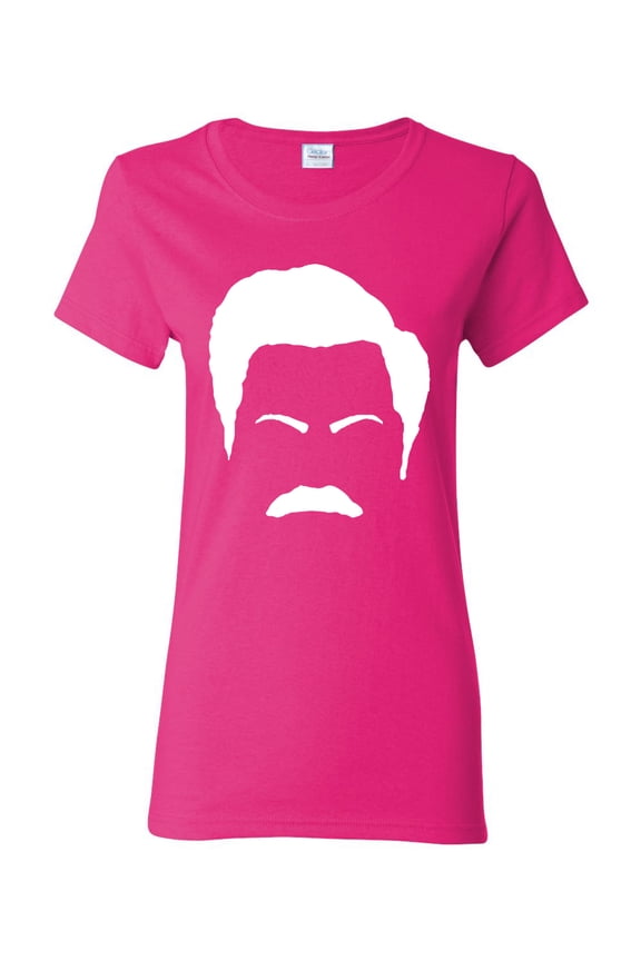 , White Parks and Rec Fans Ron Swanson Mustache Face Silhouette, Pop Culture, Women Graphic Tee, Fuschia, Medium