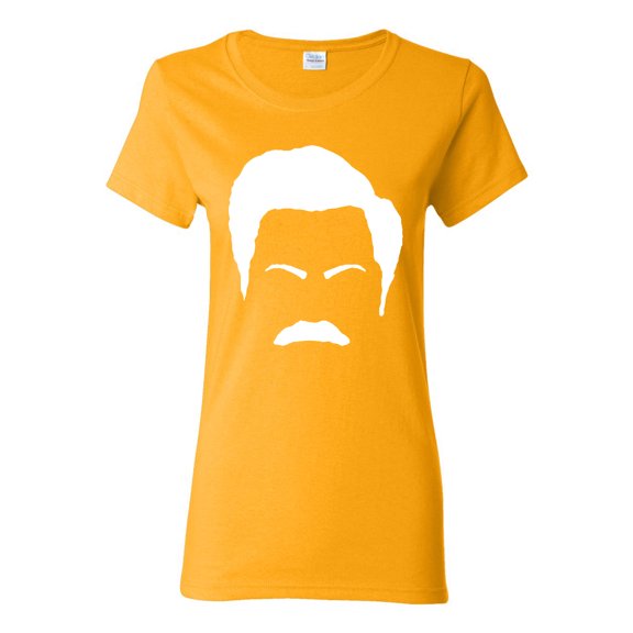 Wild Bobby, White Parks and Rec Fans Ron Swanson Mustache Face Silhouette, Pop Culture, Women Graphic Tee, Gold, Small
