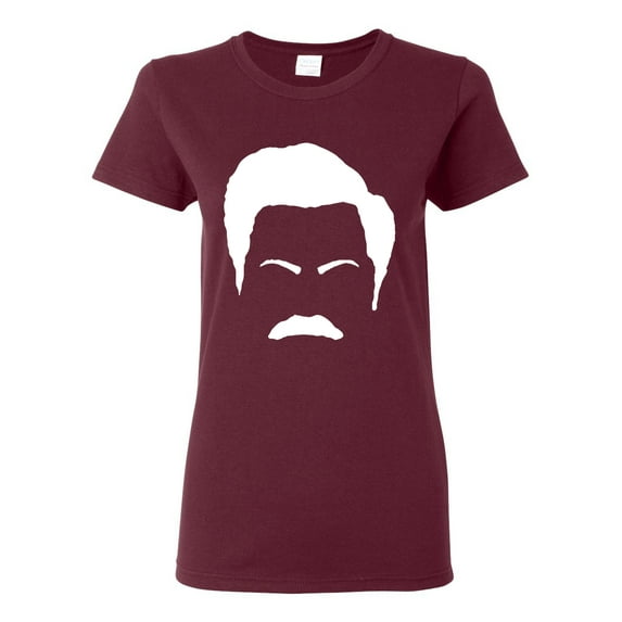 Wild Bobby, White Parks and Rec Fans Ron Swanson Mustache Face Silhouette, Pop Culture, Women Graphic Tee, Maroon, Small