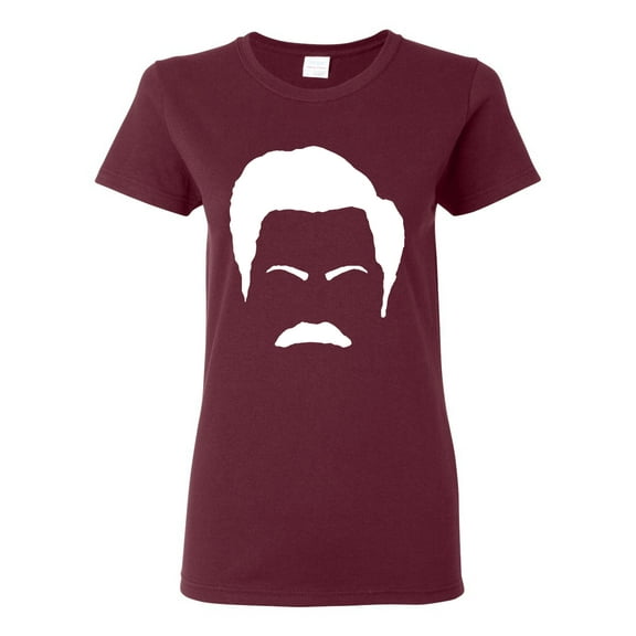 Wild Bobby, White Parks and Rec Fans Ron Swanson Mustache Face Silhouette, Pop Culture, Women Graphic Tee, Maroon, X-Large