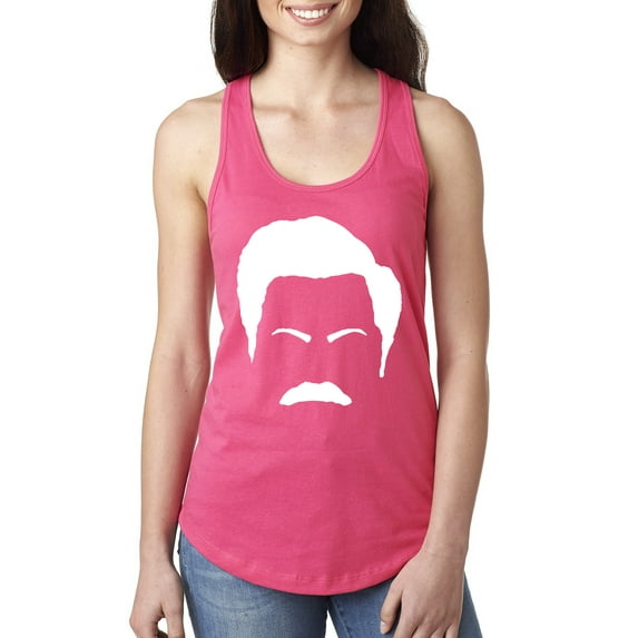 Wild Bobby, White Parks and Rec Fans Ron Swanson Mustache Face Silhouette, Pop Culture, Women Racerback Tank Top, Hot Pink, Small