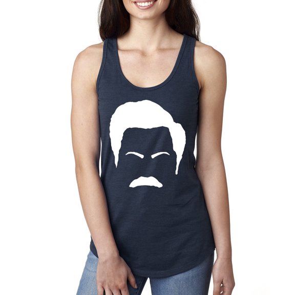 Wild Bobby, White Parks and Rec Fans Ron Swanson Mustache Face Silhouette, Pop Culture, Women Racerback Tank Top, Navy, Small