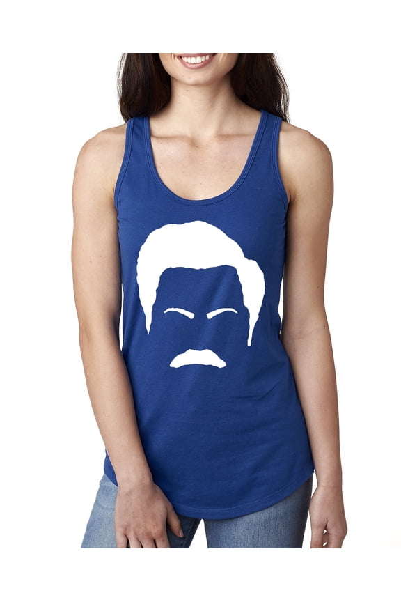 , White Parks and Rec Fans Ron Swanson Mustache Face Silhouette, Pop Culture, Women Racerback Tank Top, Royal, Small
