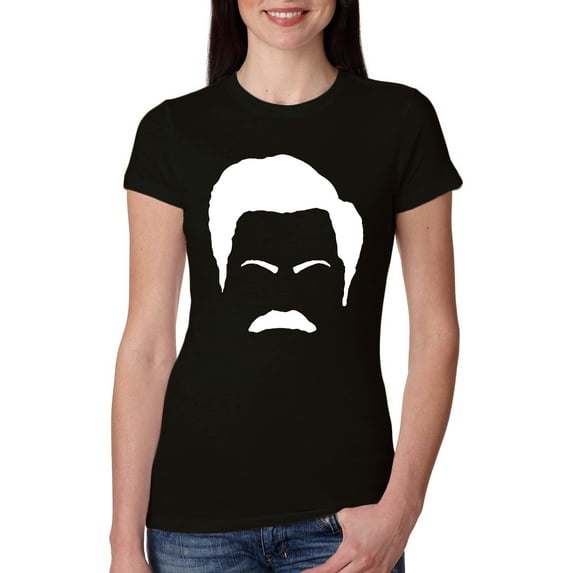 Wild Bobby, White Parks and Rec Fans Ron Swanson Mustache Face Silhouette, Pop Culture, Women Slim Fit Junior Tee, Black, Small
