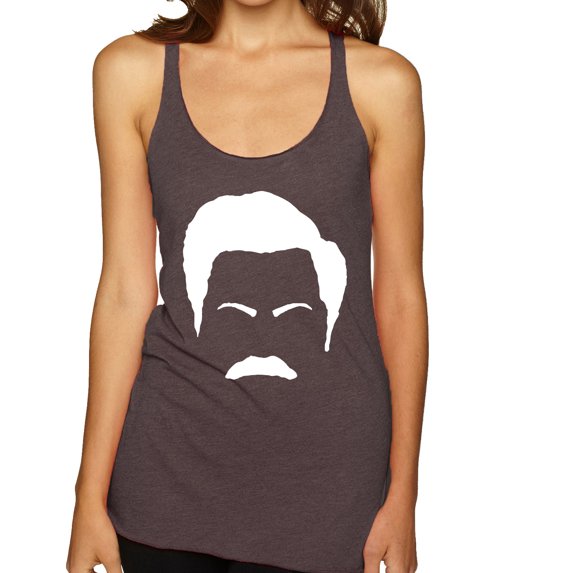 Wild Bobby, White Parks and Rec Fans Ron Swanson Mustache Face Silhouette, Pop Culture, Women Tri-Blend Racerback Tank Top, Brown, Small