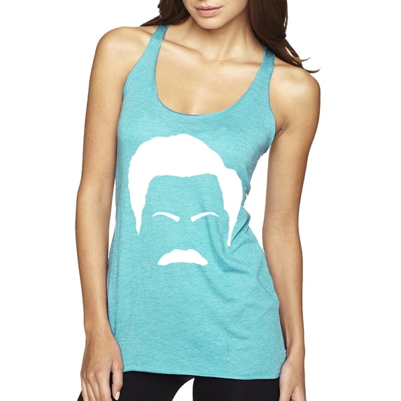 Wild Bobby, White Parks and Rec Fans Ron Swanson Mustache Face Silhouette, Pop Culture, Women Tri-Blend Racerback Tank Top, Tahiti Blue, Small