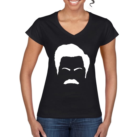 Wild Bobby, White Parks and Rec Fans Ron Swanson Mustache Face Silhouette, Pop Culture, Women's Standard V-Neck Tee, Black, Small