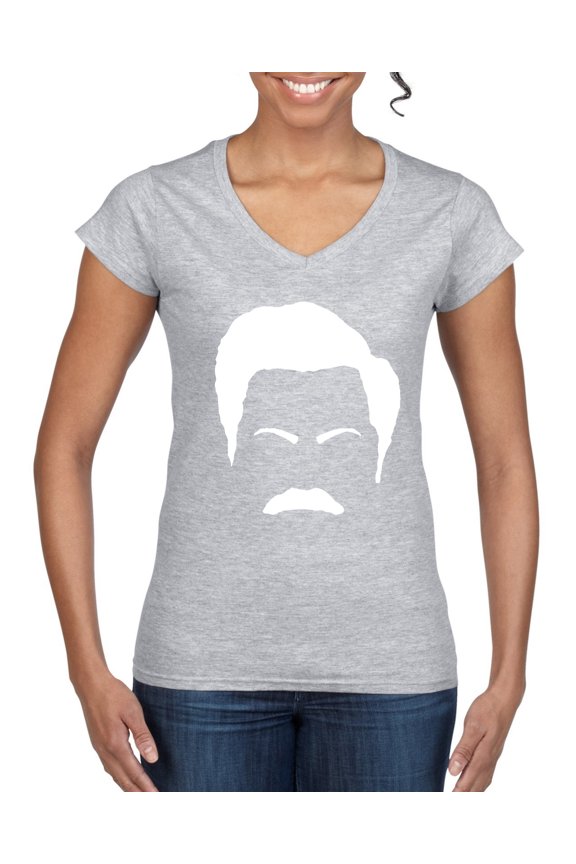 , White Parks and Rec Fans Ron Swanson Mustache Face Silhouette, Pop Culture, Womenâ€™s Standard V-Neck Tee, Heather Grey, Small