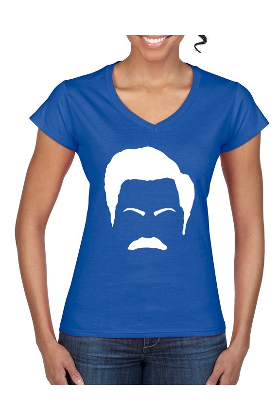 , White Parks and Rec Fans Ron Swanson Mustache Face Silhouette, Pop Culture, Women's Standard V-Neck Tee, Royal, Small