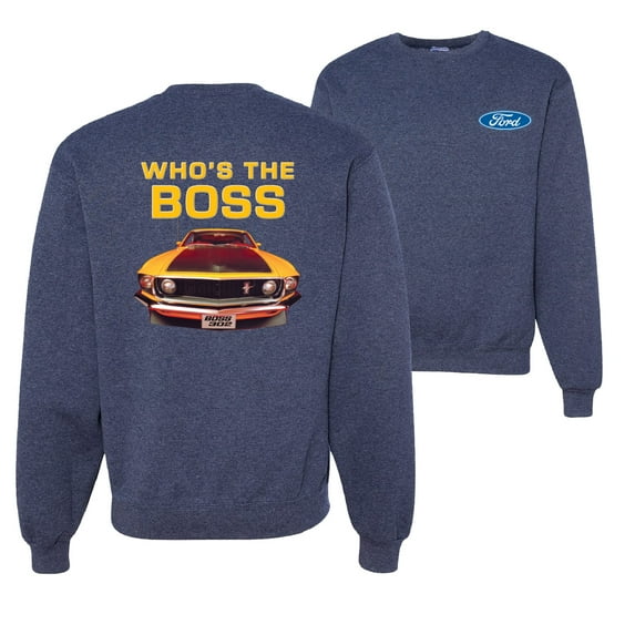Wild Bobby, Who's The Boss Yellow 1969 Mustang 302, Cars and Trucks, Front and Back Unisex Crewneck Graphic Sweatshirt, Vintage Heather Navy, 4X-Large