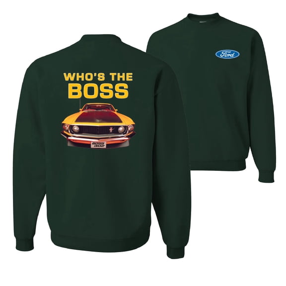 Wild Bobby, Who's The Boss Yellow 1969 Mustang 302, Cars and Trucks, Front and Back Unisex Crewneck Graphic Sweatshirt, Forest Green, Small