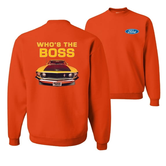 Wild Bobby, Who's The Boss Yellow 1969 Mustang 302, Cars and Trucks, Front and Back Unisex Crewneck Graphic Sweatshirt, Orange, XX-Large