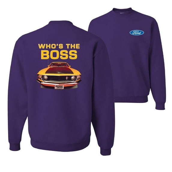 Wild Bobby, Who's The Boss Yellow 1969 Mustang 302, Cars and Trucks, Front and Back Unisex Crewneck Graphic Sweatshirt, Purple, Medium